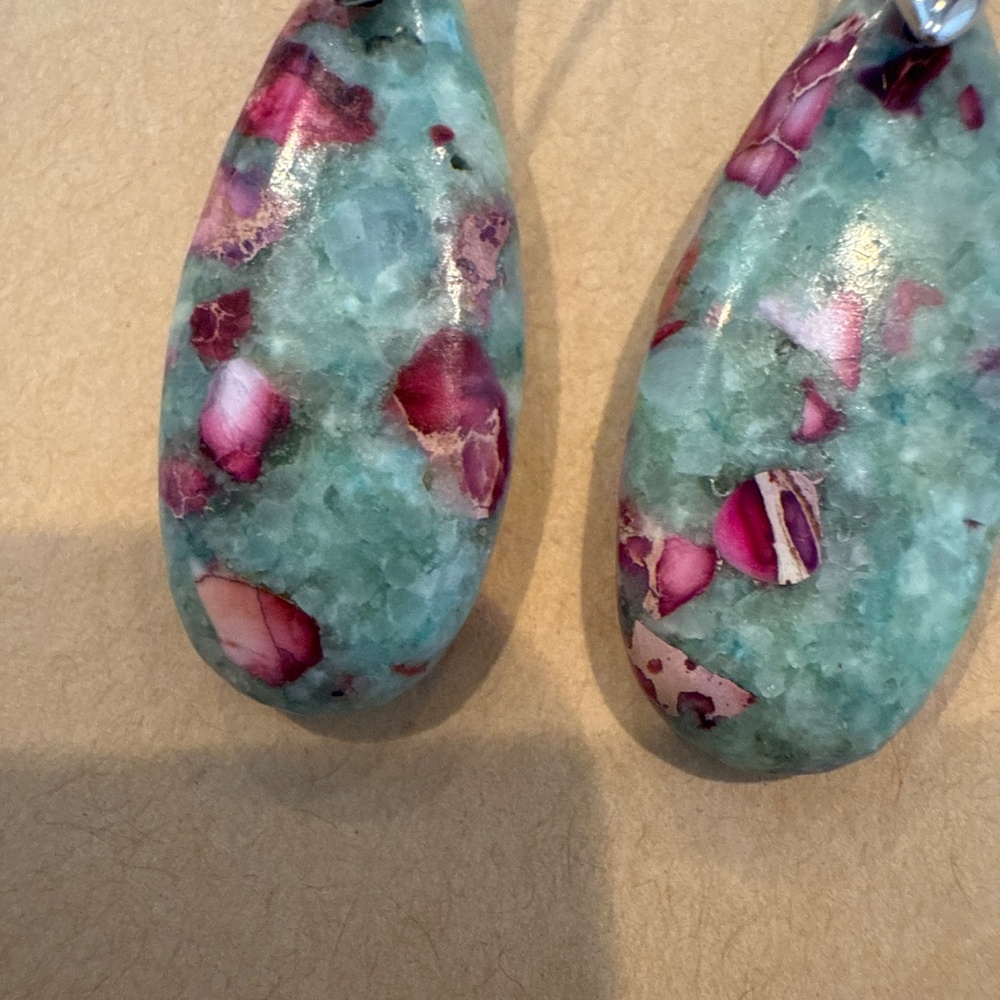 Dangle Earrings Marble-Effect Stone,Gold/Silver Hook - Picture 3 of 6